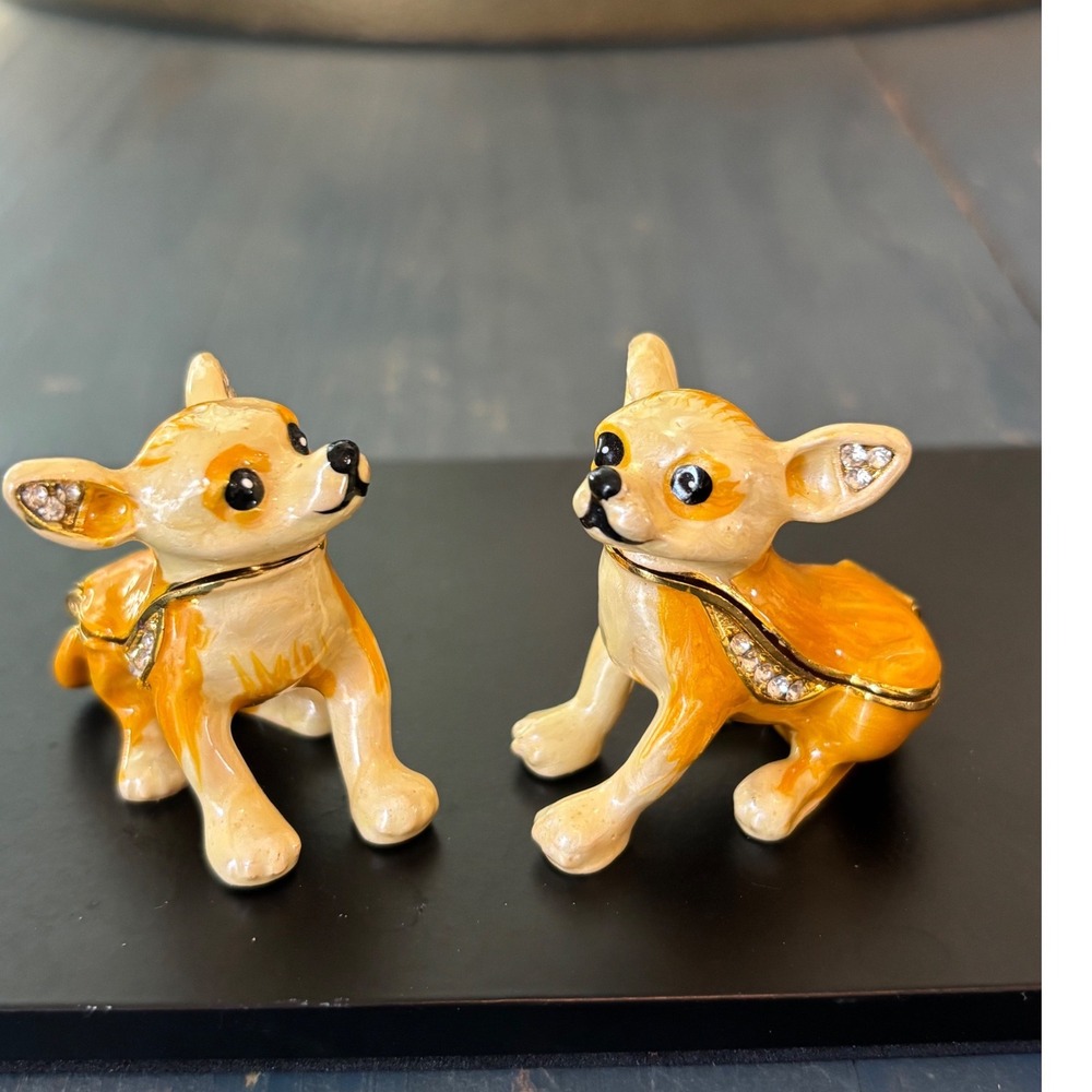 Set of 2 Chihuahua Dog Trinket Boxes Enameled Metal Rhinestone Jewelry Keepsake